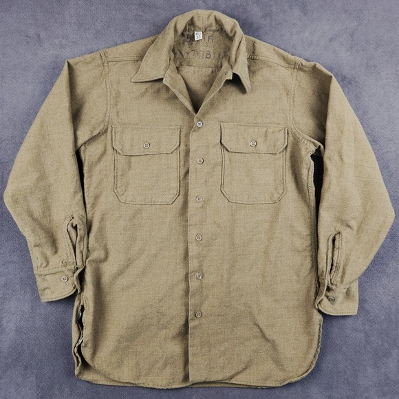 Vintage WWII US Army M1937 M37 Wool Combat Field Shirt 15.5 33 Olive Gas Flap
